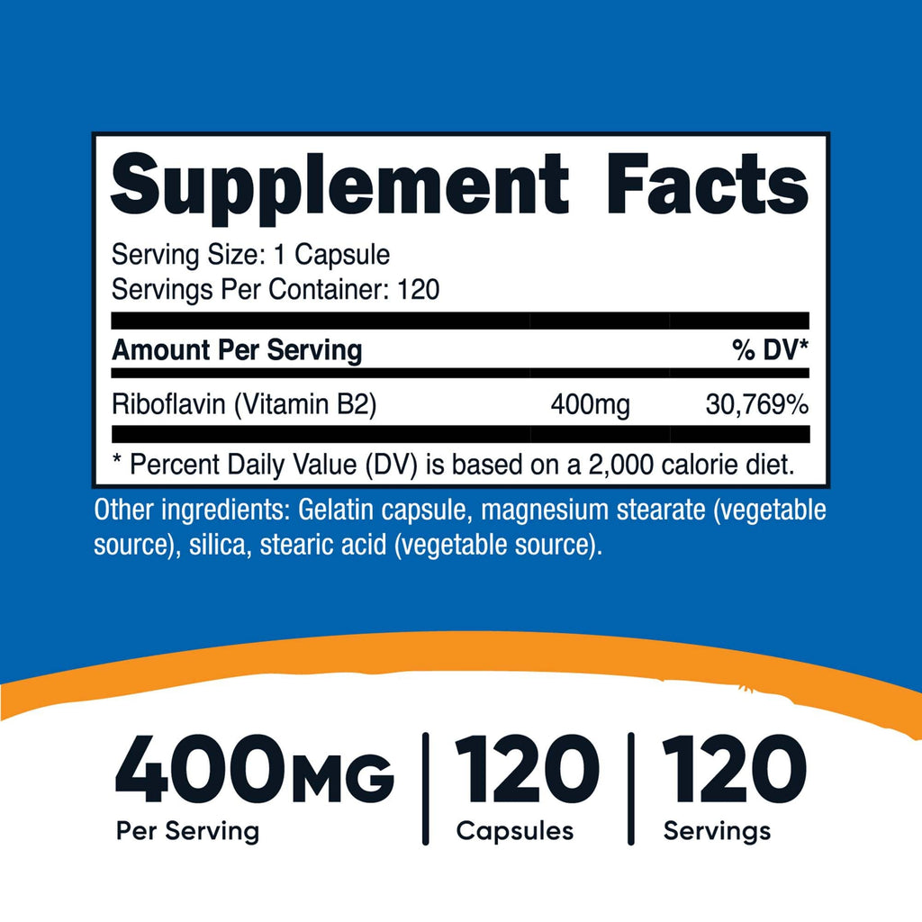 Dietary Supplement nutricost® Vitamin B2 Riboflavin Vitamin B2 400 mg Strength Capsule 120 Per Bottle NTC080101