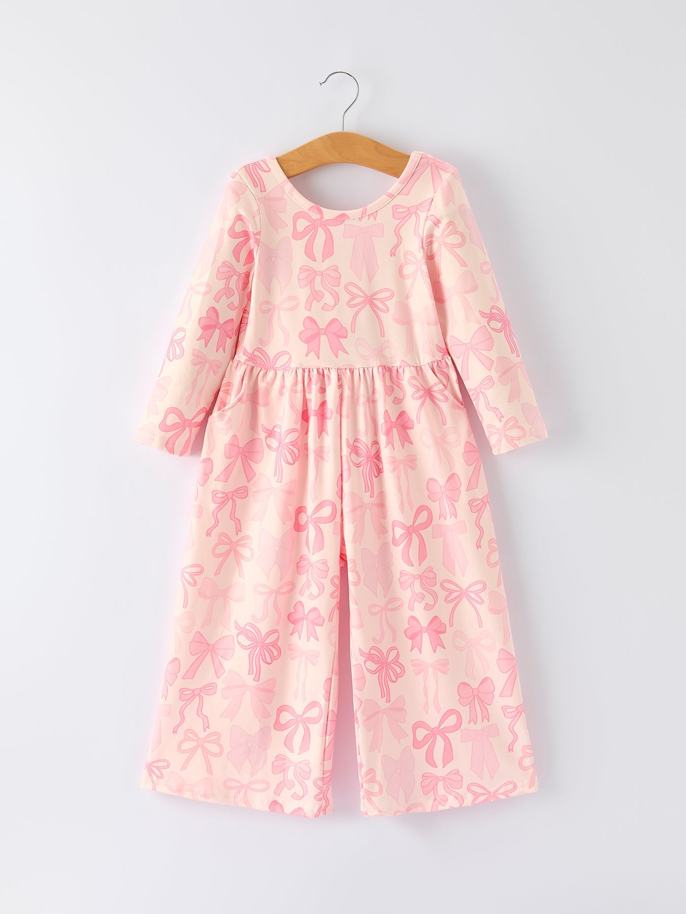 Girls Pink Bow Print Long Sleeve Jumpsuit