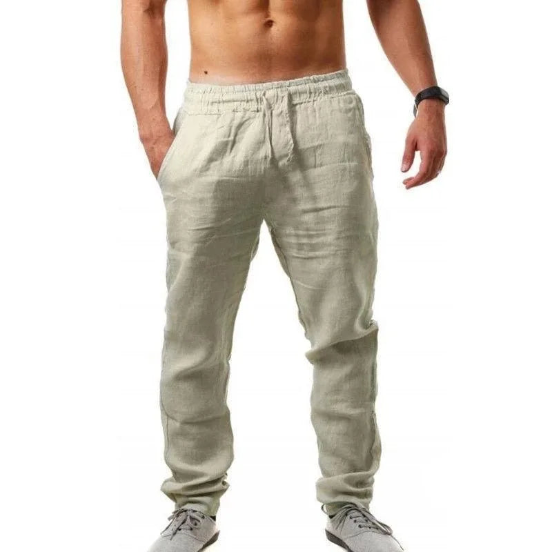 2025 New Men's Linen Pants Sweatwear Solid Color Breathable Trousers Cotton Fitness Lightweight Casual Summer Men Beach Pants