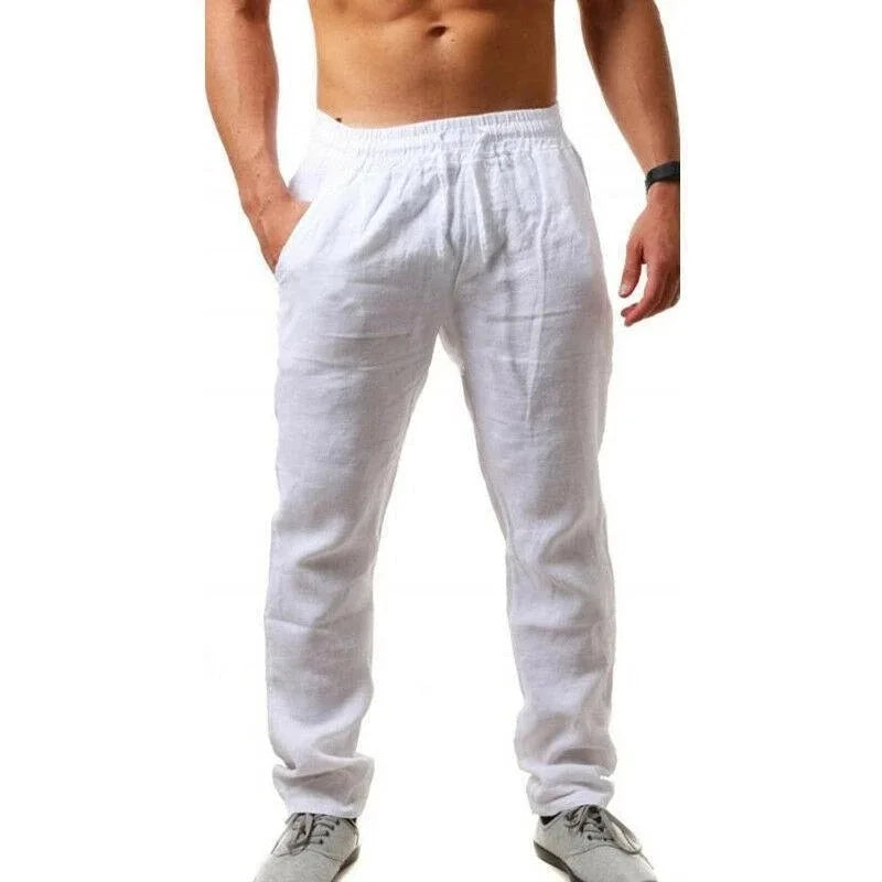 2025 New Men's Linen Pants Sweatwear Solid Color Breathable Trousers Cotton Fitness Lightweight Casual Summer Men Beach Pants