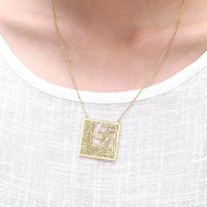 Jerusalem City Map Israel Jewish Trip Hebrew Star David Passover Accessories Pendant Necklaces In Stainless Steel