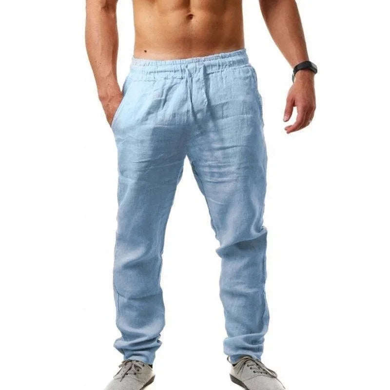 2025 New Men's Linen Pants Sweatwear Solid Color Breathable Trousers Cotton Fitness Lightweight Casual Summer Men Beach Pants