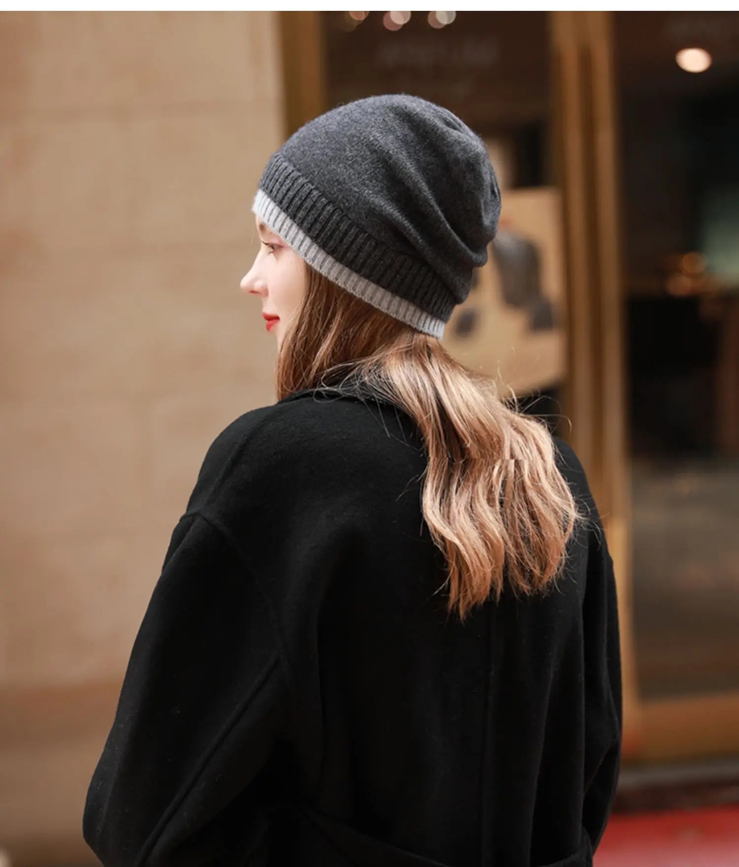 Women's 100% Wool Knitted Hat Winter Warm Windproof Fake Double Layer Korean Japanese Style Color Block Fashionable