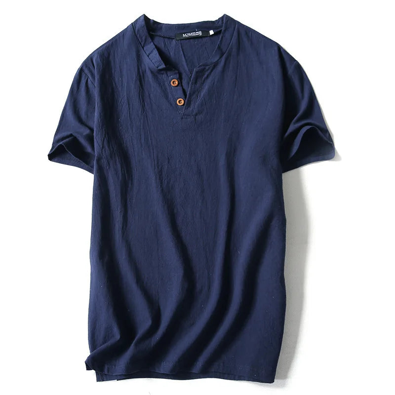 Linen Short Sleeved T-shirt for Men's Summer Vintage Cotton Linen Half Sleeved Fashionable Male Thin Linen Short Sleeved T-shirt