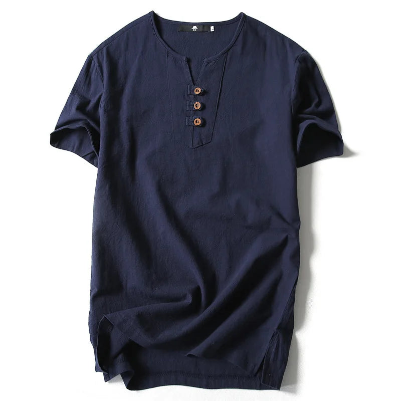 Linen Short Sleeved T-shirt for Men's Summer Vintage Cotton Linen Half Sleeved Fashionable Male Thin Linen Short Sleeved T-shirt