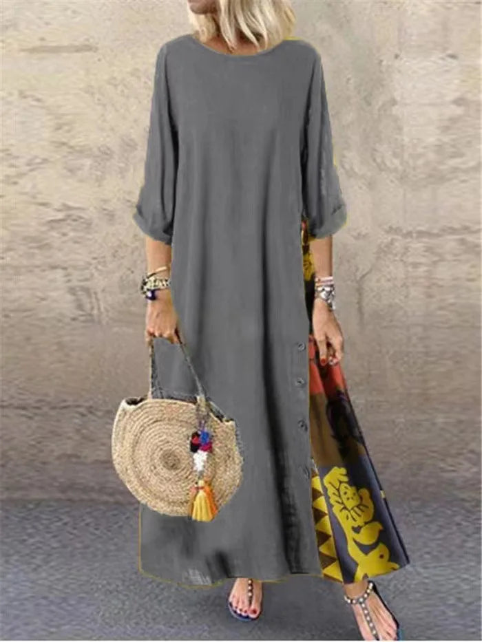 Cotton Linen Vintage Long Dresses Women Three Quarter Sleeves Splicing Print Loose A-line Dress Fashion Casual Lady Maxi Vestido