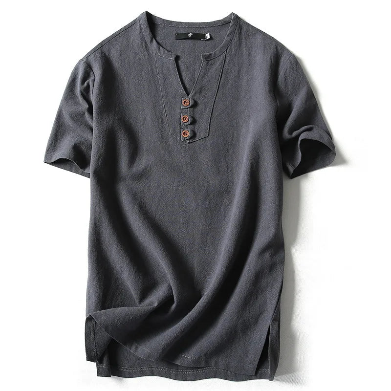 Linen Short Sleeved T-shirt for Men's Summer Vintage Cotton Linen Half Sleeved Fashionable Male Thin Linen Short Sleeved T-shirt