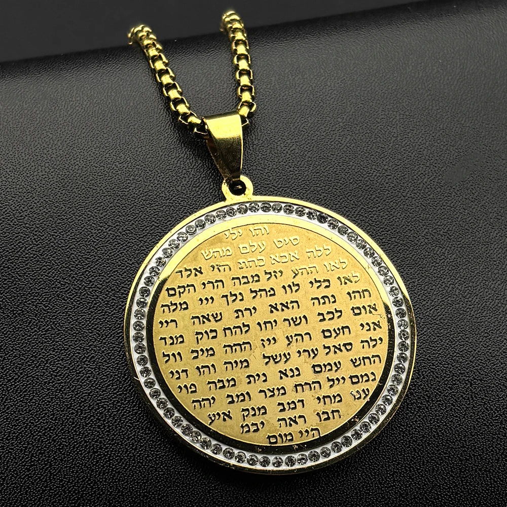Jewish Bible Hebrew Rhinestones Pendant Necklace for Women Men Stainless Steel Gold Color Chain Prayer Scripture Jewelry Gift