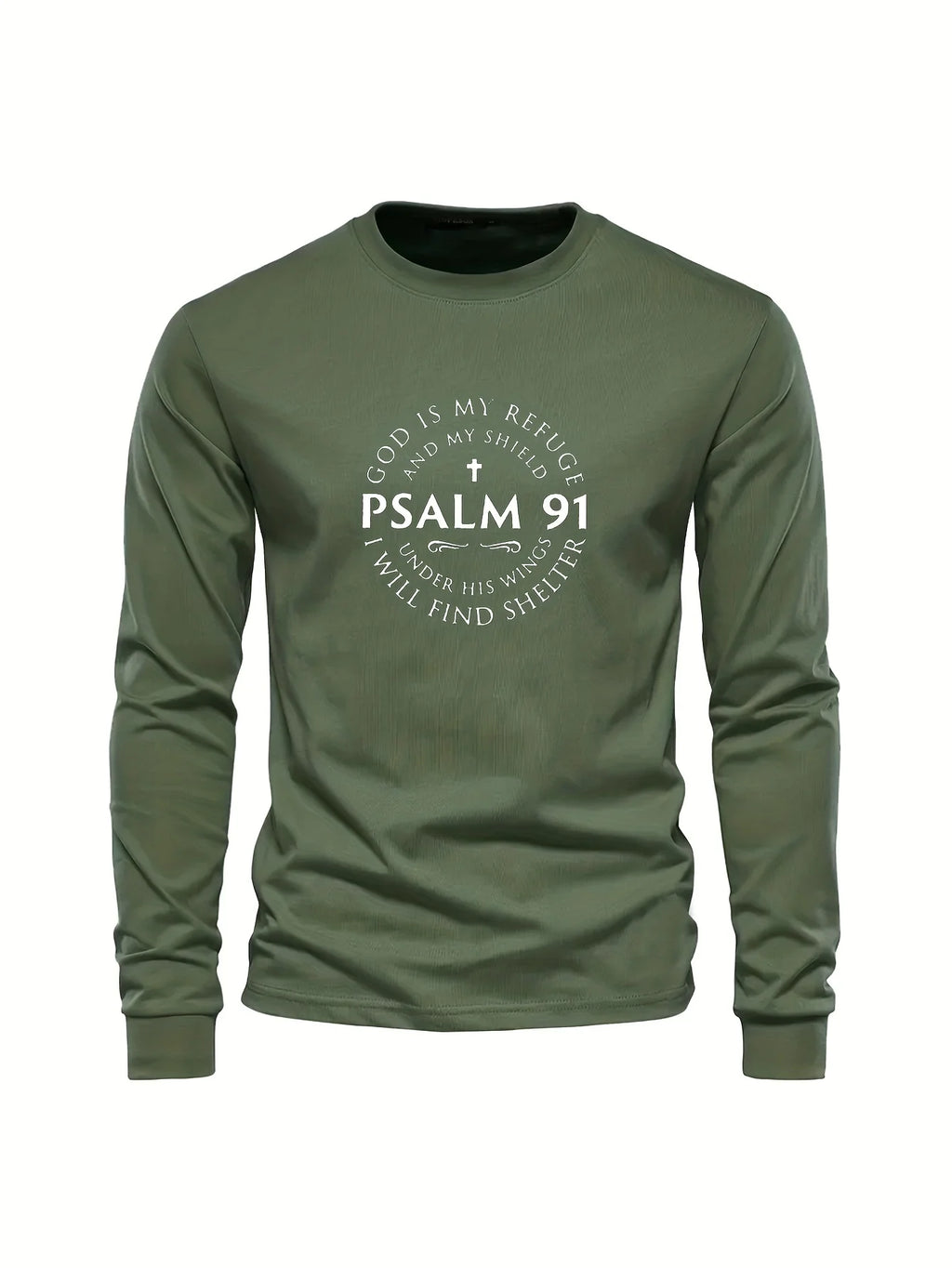 100% Pure Cotton Men's Long Sleeved Round Neck Loose Inspirational PSALMS 91 Printed Autumn and Winter Casual Versatile T-Shirt