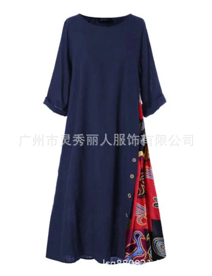 Cotton Linen Vintage Long Dresses Women Three Quarter Sleeves Splicing Print Loose A-line Dress Fashion Casual Lady Maxi Vestido
