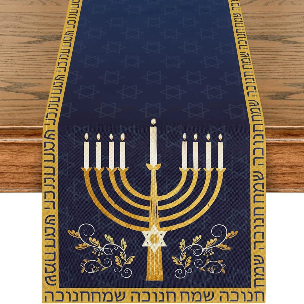 Candle Menorah Hanukkah Table Runner,  Holiday Kitchen Dining Table Decoration for Home Party Decor