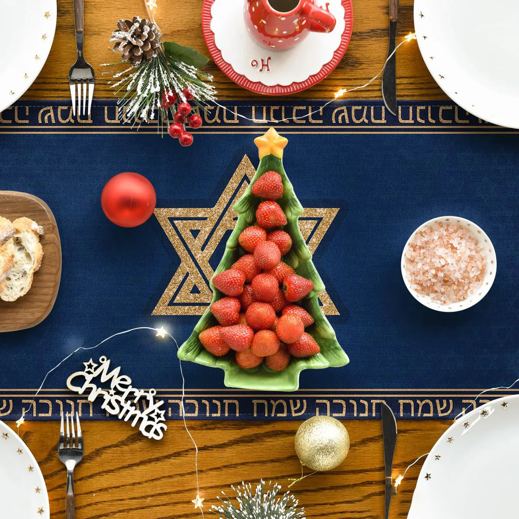 Candle Menorah Hanukkah Table Runner,  Holiday Kitchen Dining Table Decoration for Home Party Decor
