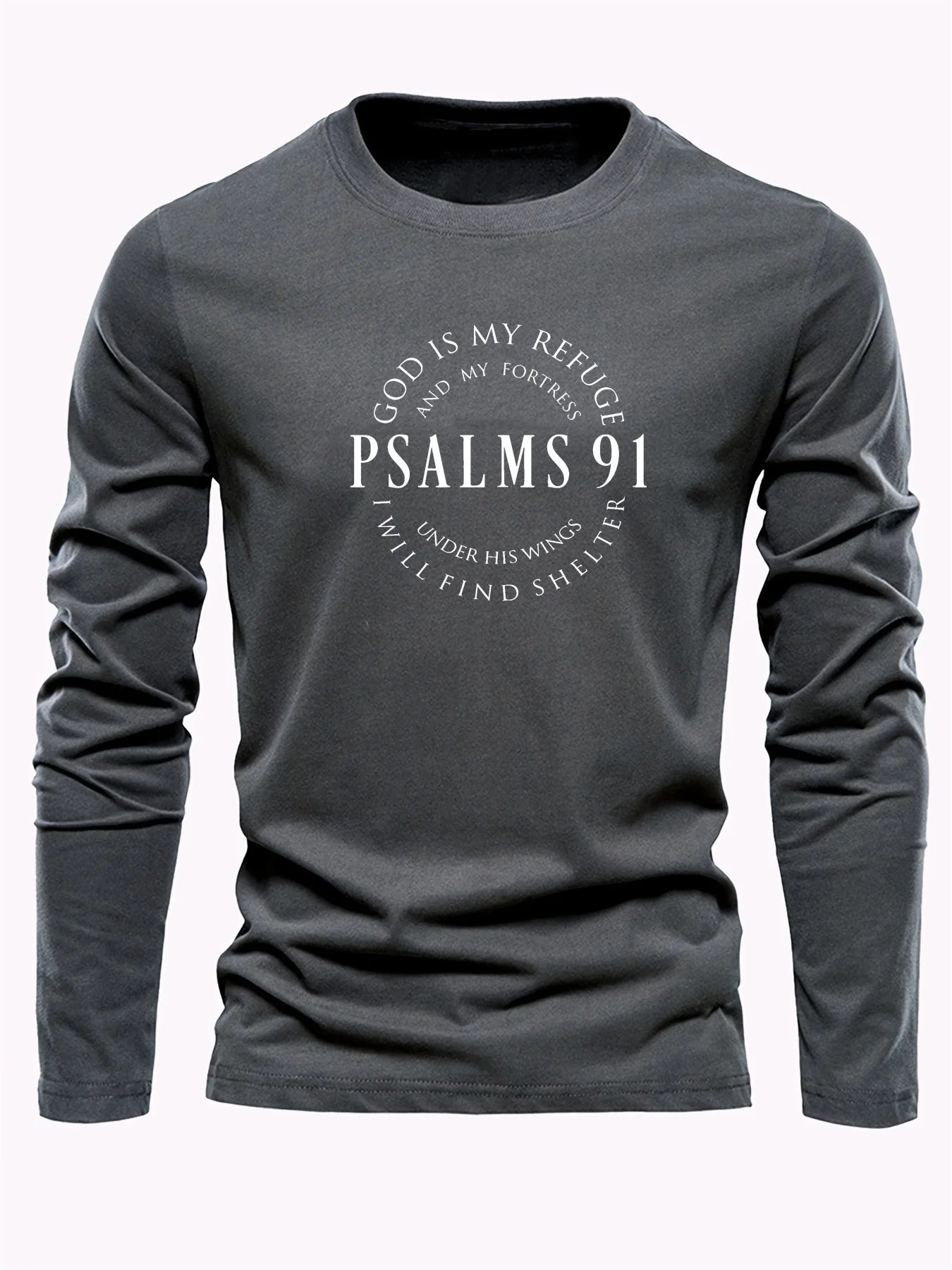 100% Pure Cotton Men's Long Sleeved Round Neck Loose Inspirational PSALMS 91 Printed Autumn and Winter Casual Versatile T-Shirt