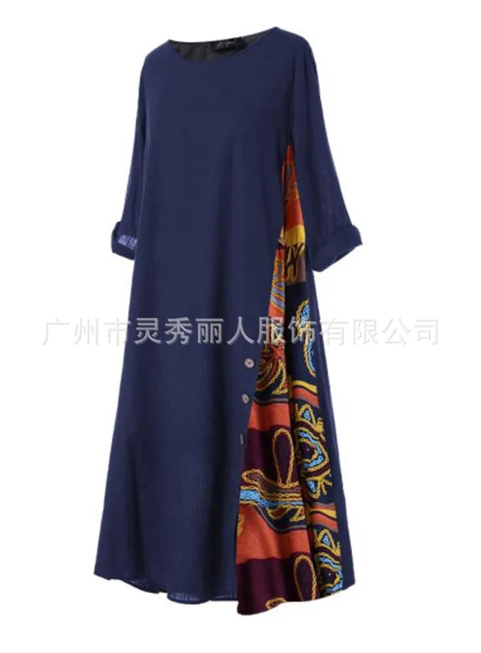 Cotton Linen Vintage Long Dresses Women Three Quarter Sleeves Splicing Print Loose A-line Dress Fashion Casual Lady Maxi Vestido