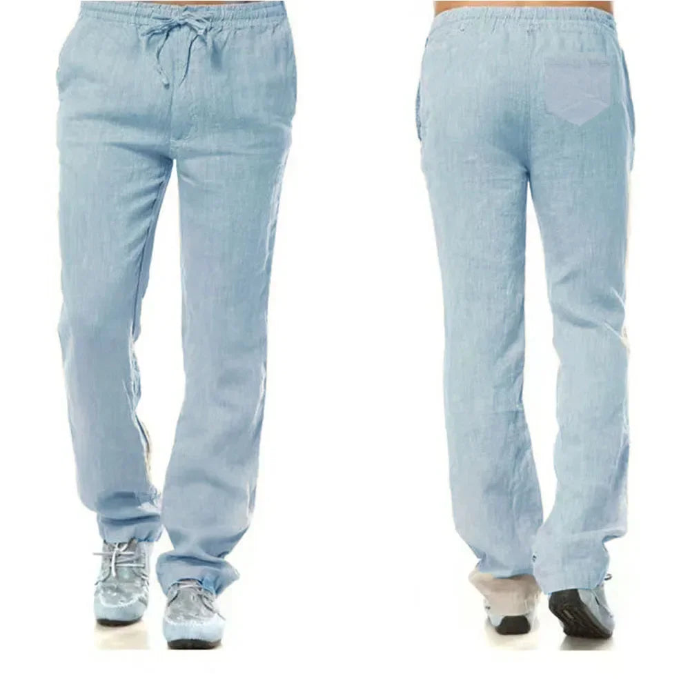 2025 New Men's Linen Pants Sweatwear Solid Color Breathable Trousers Cotton Fitness Lightweight Casual Summer Men Beach Pants