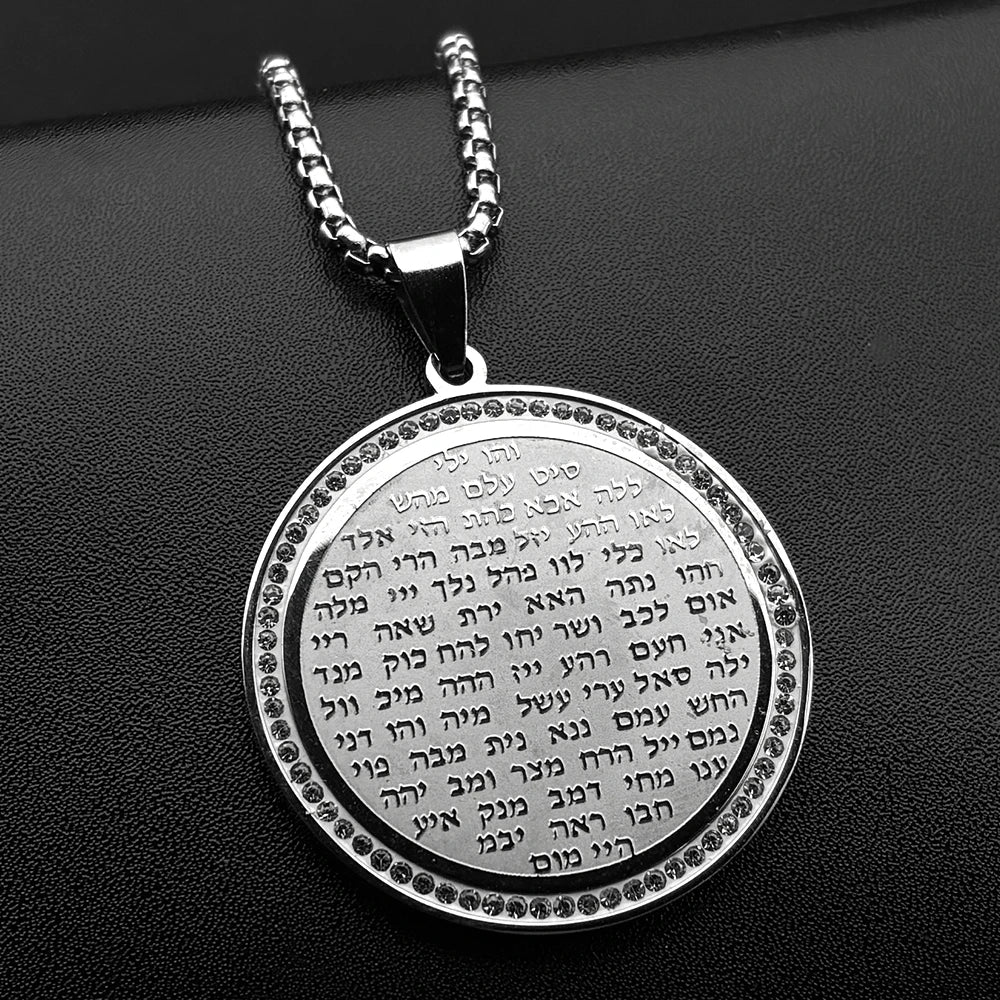 Jewish Bible Hebrew Rhinestones Pendant Necklace for Women Men Stainless Steel Gold Color Chain Prayer Scripture Jewelry Gift