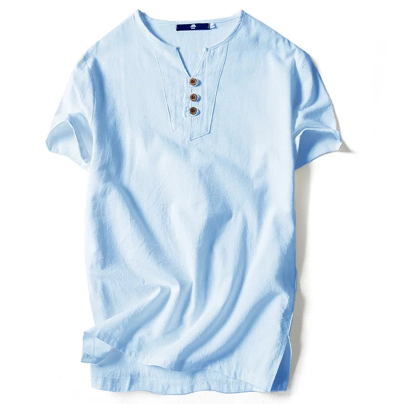 Linen Short Sleeved T-shirt for Men's Summer Vintage Cotton Linen Half Sleeved Fashionable Male Thin Linen Short Sleeved T-shirt