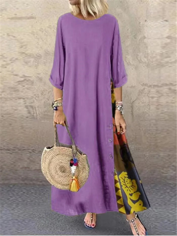 Cotton Linen Vintage Long Dresses Women Three Quarter Sleeves Splicing Print Loose A-line Dress Fashion Casual Lady Maxi Vestido