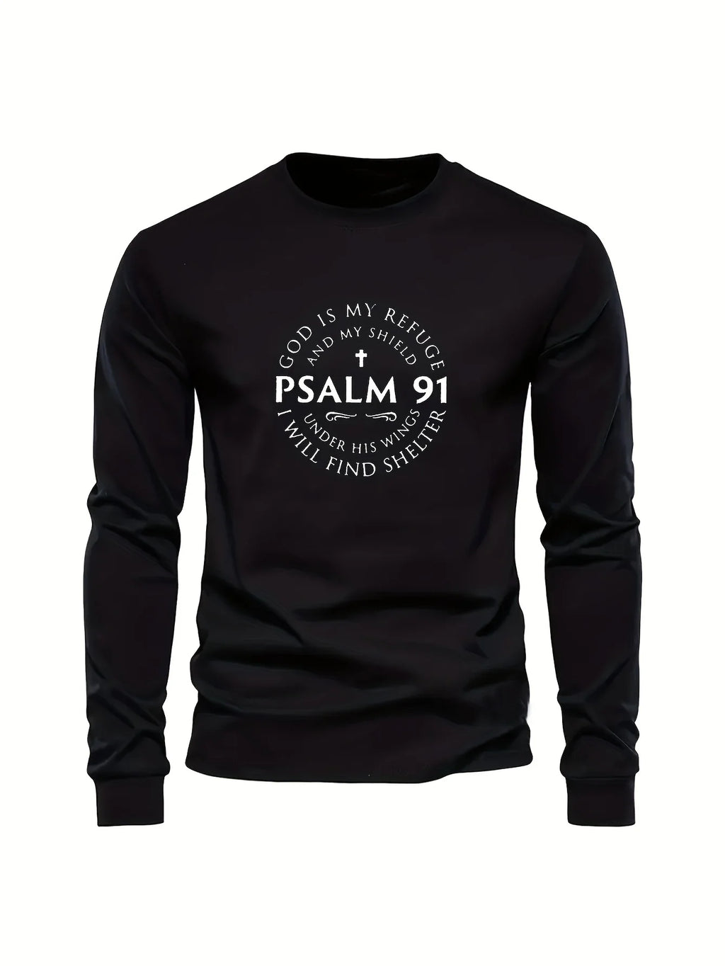 100% Pure Cotton Men's Long Sleeved Round Neck Loose Inspirational PSALMS 91 Printed Autumn and Winter Casual Versatile T-Shirt