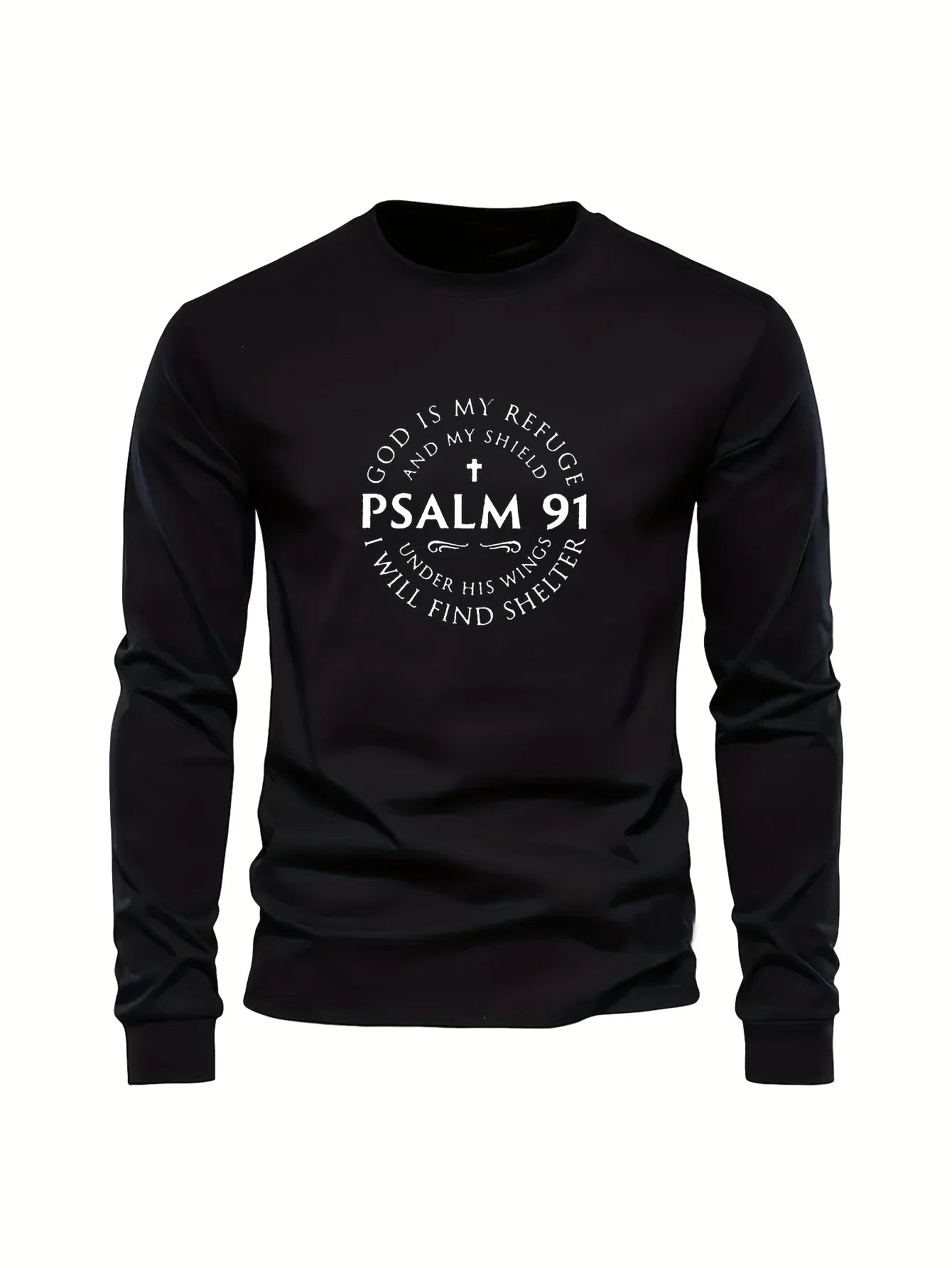 100% Pure Cotton Men's Long Sleeved Round Neck Loose Inspirational PSALMS 91 Printed Autumn and Winter Casual Versatile T-Shirt