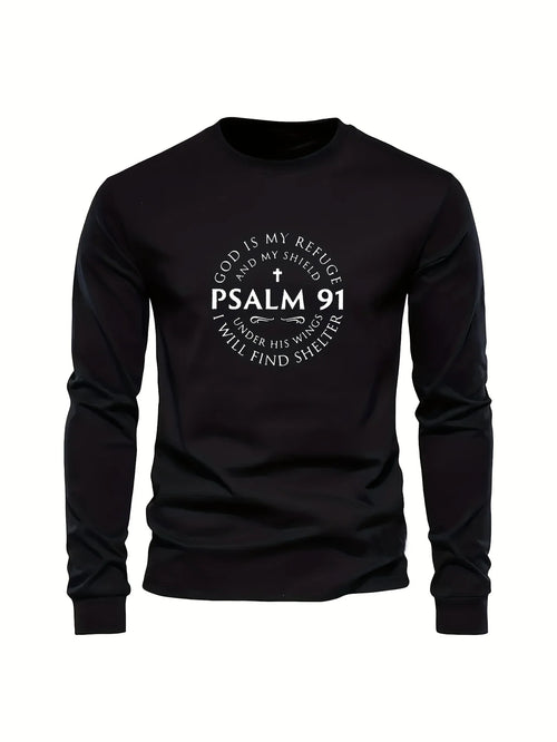 100% Pure Cotton Men's Long Sleeved Round Neck Loose Inspirational PSALMS 91 Printed Autumn and Winter Casual Versatile T-Shirt