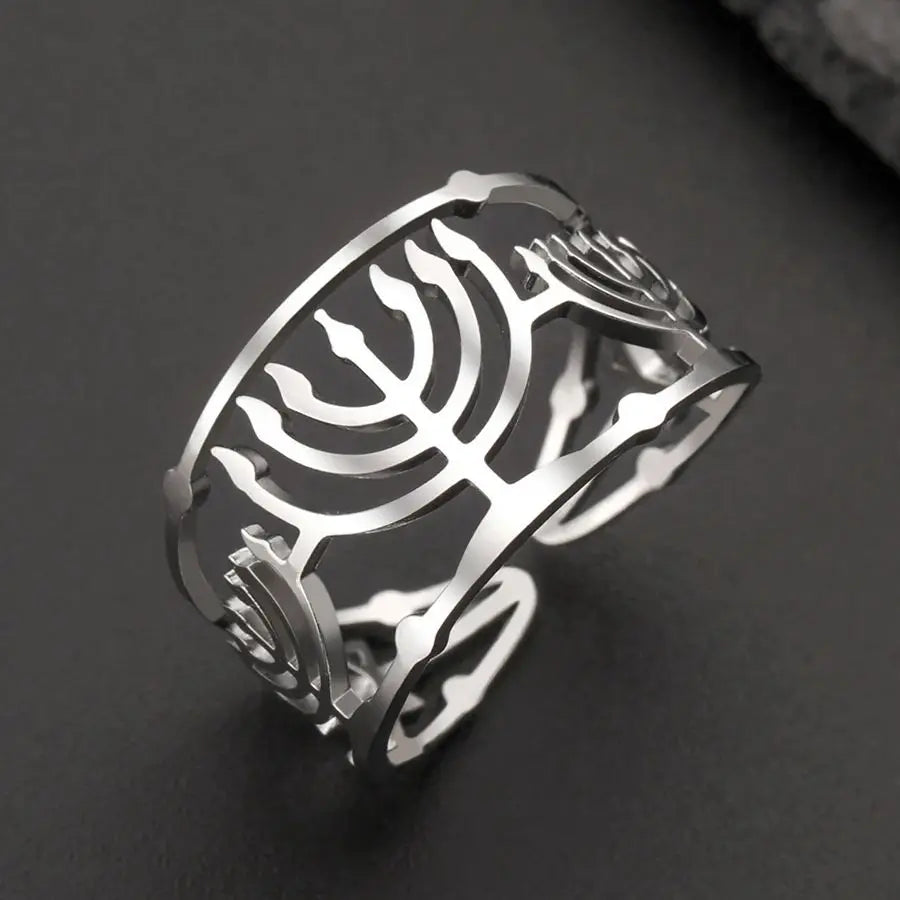 Dawapara Jewish Menorah Ring Jerusalem Symbol Hanukkah Chanukah Gift Judaic Jewelry Stainless Steel Adjustable Rings