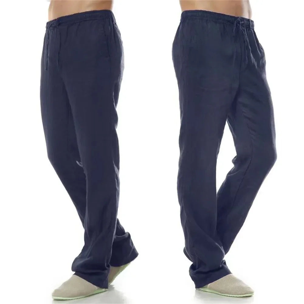 2025 New Men's Linen Pants Sweatwear Solid Color Breathable Trousers Cotton Fitness Lightweight Casual Summer Men Beach Pants
