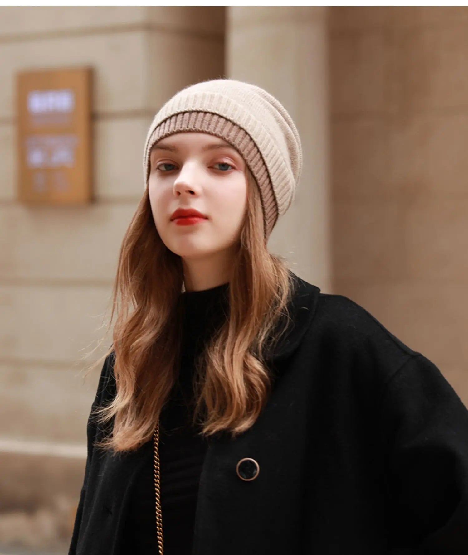 Women's 100% Wool Knitted Hat Winter Warm Windproof Fake Double Layer Korean Japanese Style Color Block Fashionable