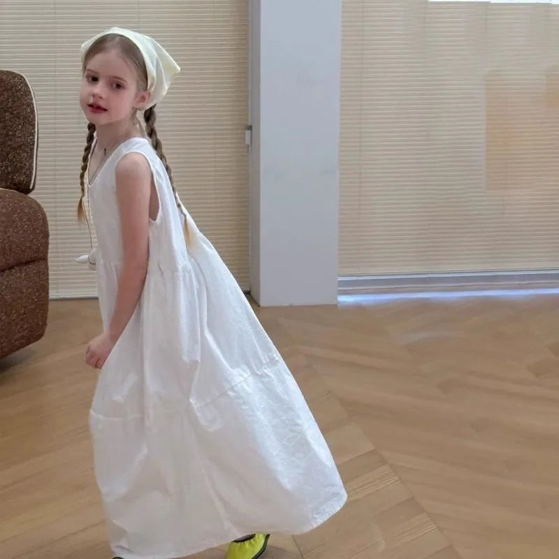 Girls White Cotton Dress 2026 Summer New Children Casual Wear Sleeveless Vest Medium and Long Dress