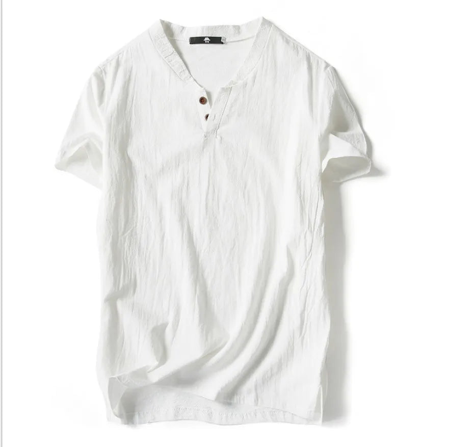 Linen Short Sleeved T-shirt for Men's Summer Vintage Cotton Linen Half Sleeved Fashionable Male Thin Linen Short Sleeved T-shirt