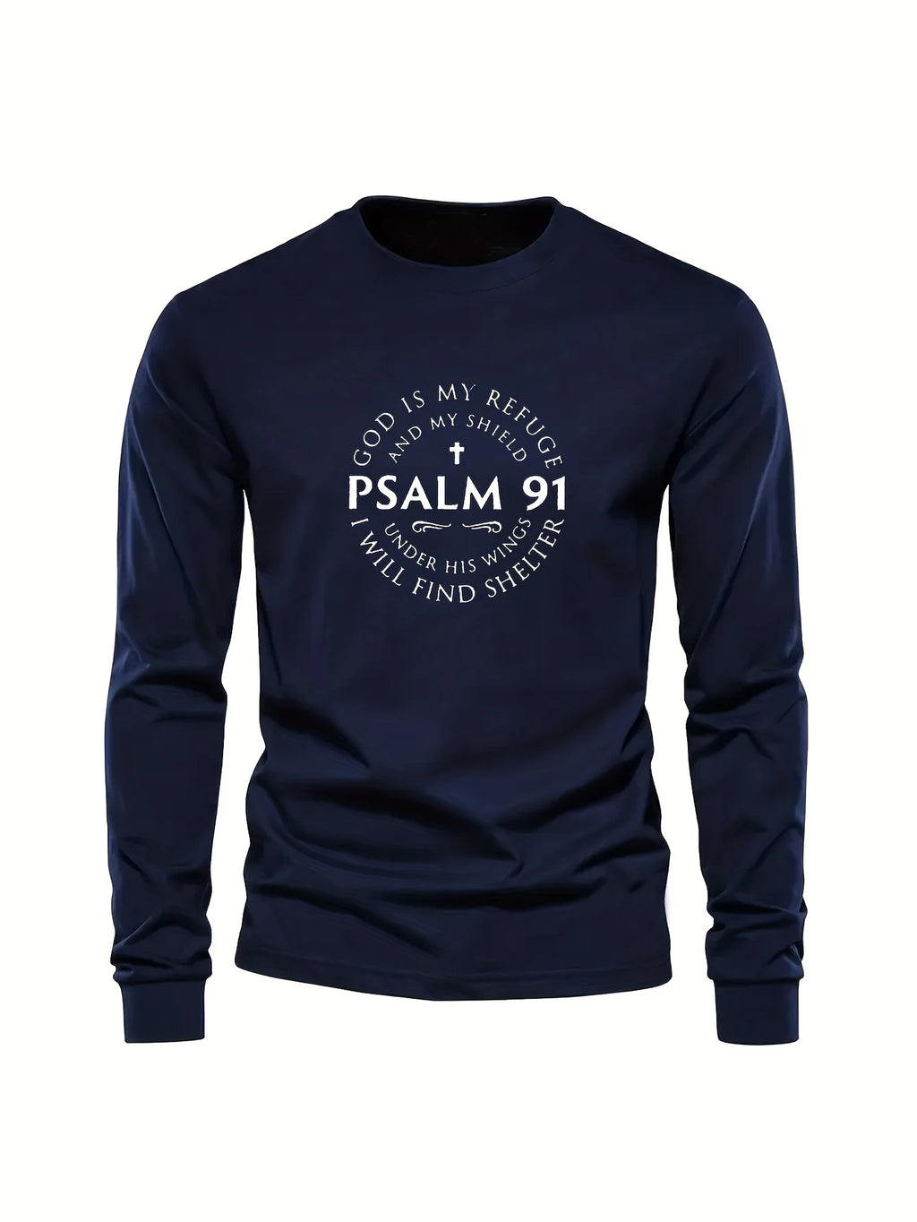 100% Pure Cotton Men's Long Sleeved Round Neck Loose Inspirational PSALMS 91 Printed Autumn and Winter Casual Versatile T-Shirt