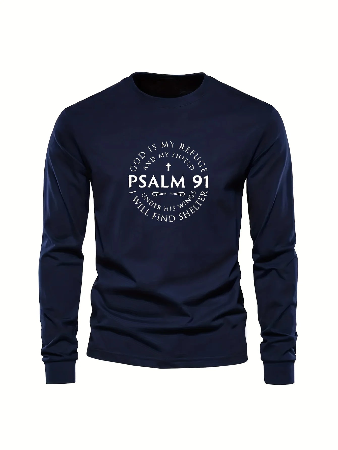 100% Pure Cotton Men's Long Sleeved Round Neck Loose Inspirational PSALMS 91 Printed Autumn and Winter Casual Versatile T-Shirt