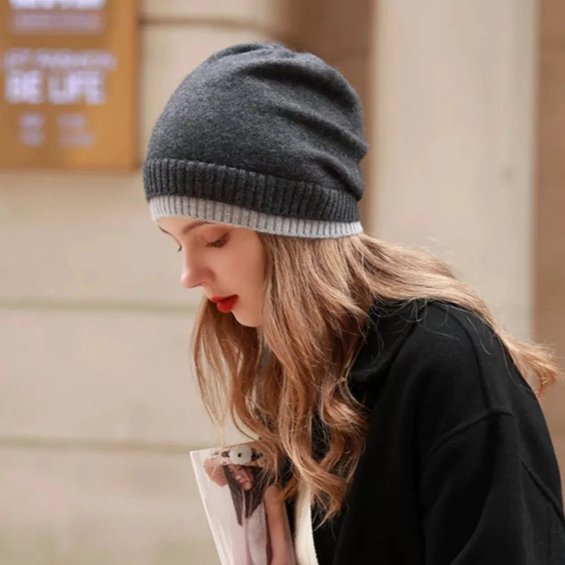 Women's 100% Wool Knitted Hat Winter Warm Windproof Fake Double Layer Korean Japanese Style Color Block Fashionable