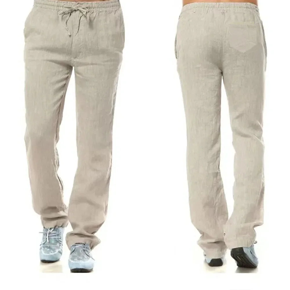2025 New Men's Linen Pants Sweatwear Solid Color Breathable Trousers Cotton Fitness Lightweight Casual Summer Men Beach Pants