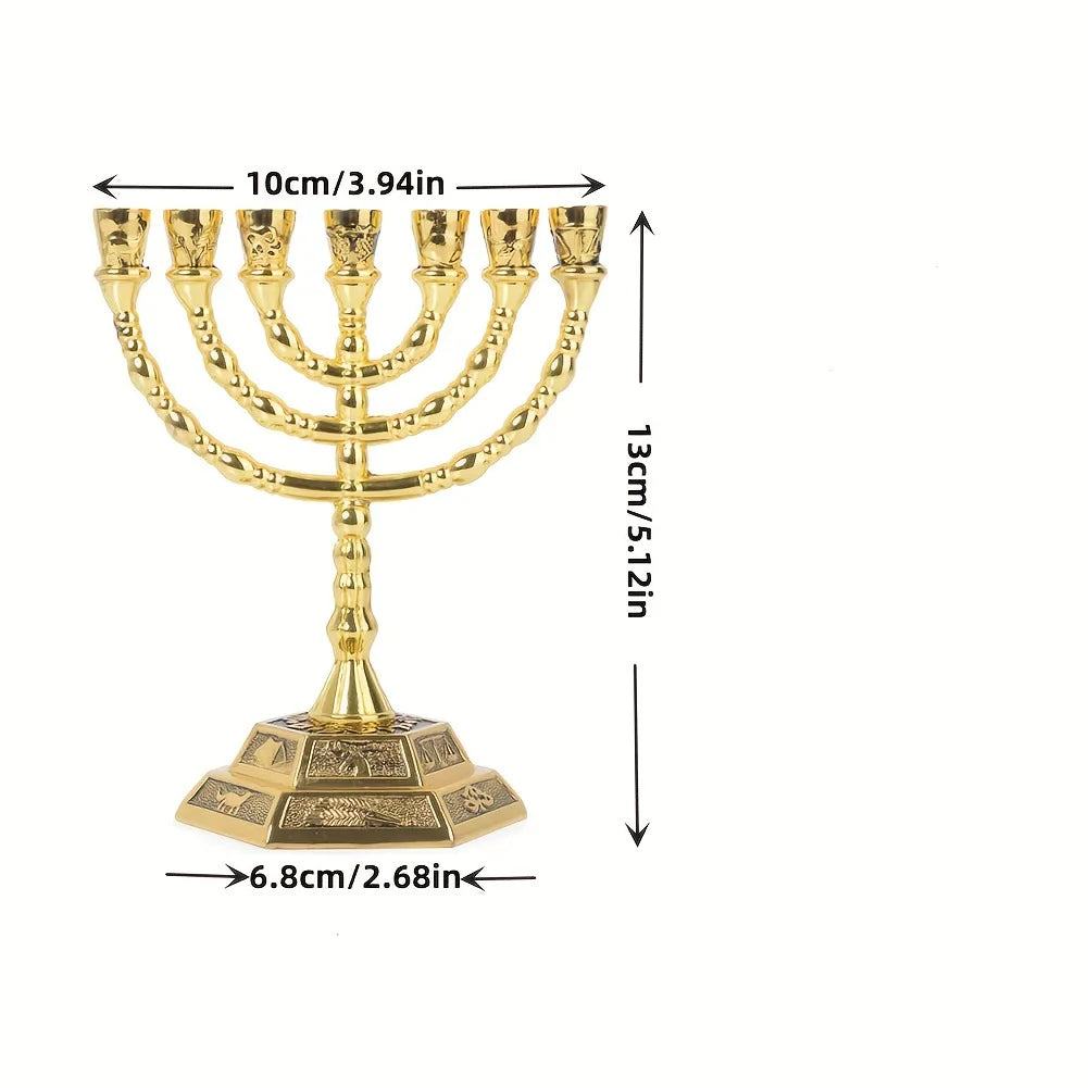 12 Tribes of Israel Menorah, Jerusalem Temple 7 Branch Jewish Candle Holder Gold