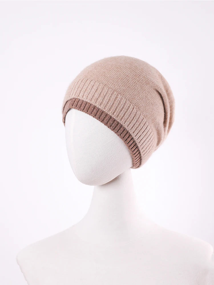 Women's 100% Wool Knitted Hat Winter Warm Windproof Fake Double Layer Korean Japanese Style Color Block Fashionable
