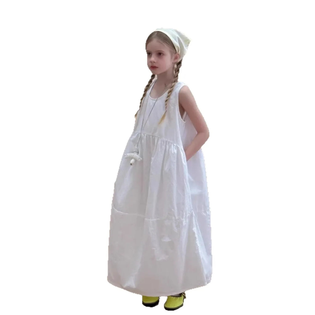 Girls White Cotton Dress 2026 Summer New Children Casual Wear Sleeveless Vest Medium and Long Dress
