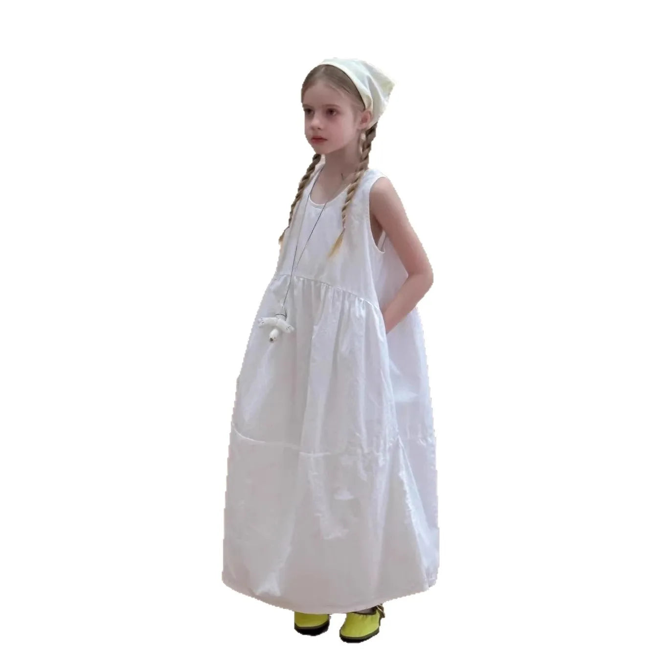 Girls White Cotton Dress 2026 Summer New Children Casual Wear Sleeveless Vest Medium and Long Dress