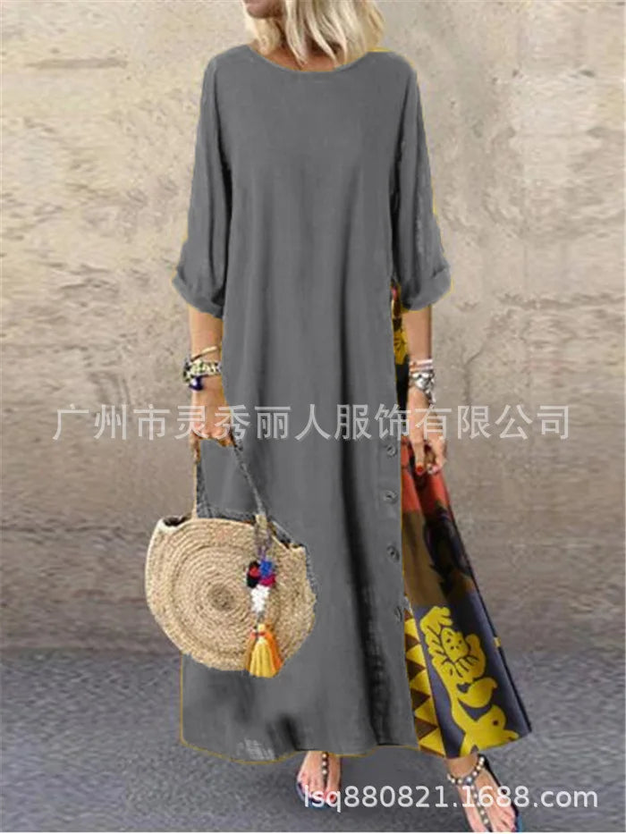 Cotton Linen Vintage Long Dresses Women Three Quarter Sleeves Splicing Print Loose A-line Dress Fashion Casual Lady Maxi Vestido