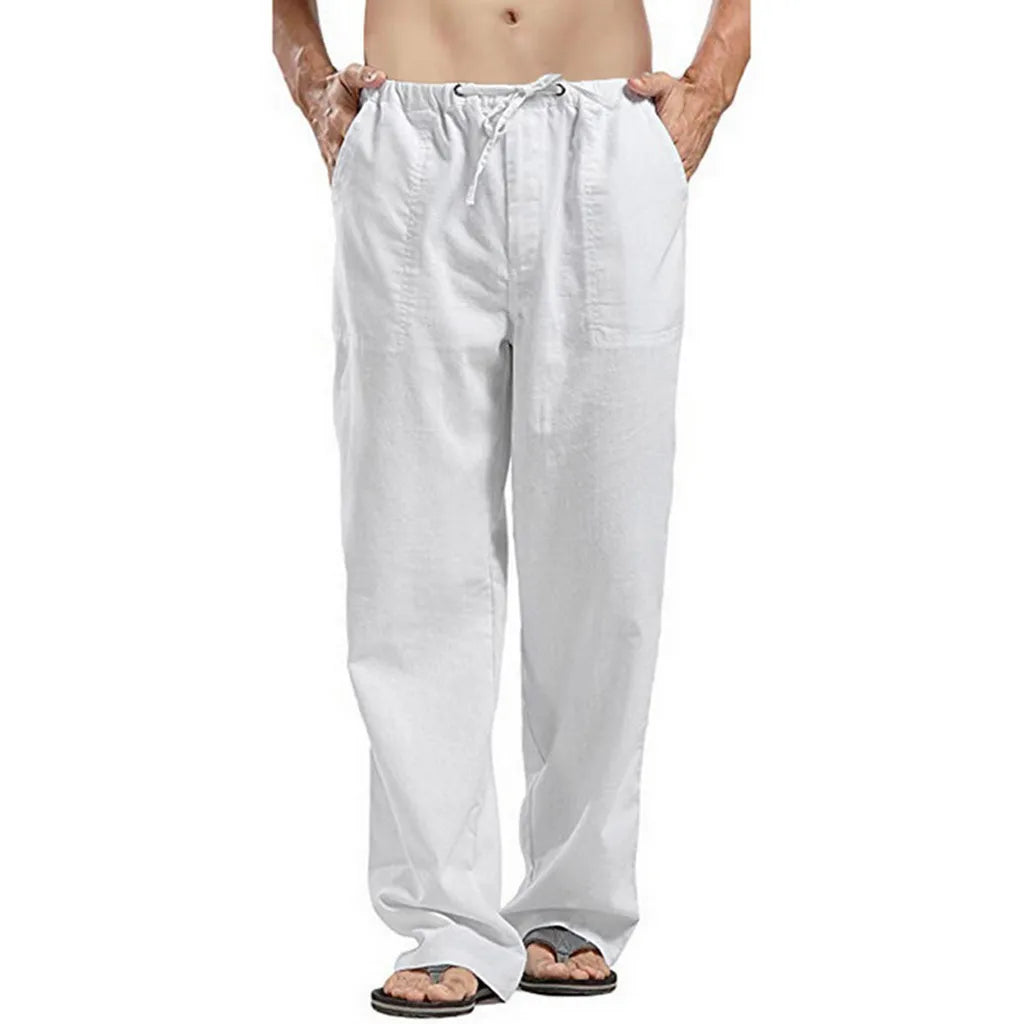 2025 New Men's Linen Pants Sweatwear Solid Color Breathable Trousers Cotton Fitness Lightweight Casual Summer Men Beach Pants
