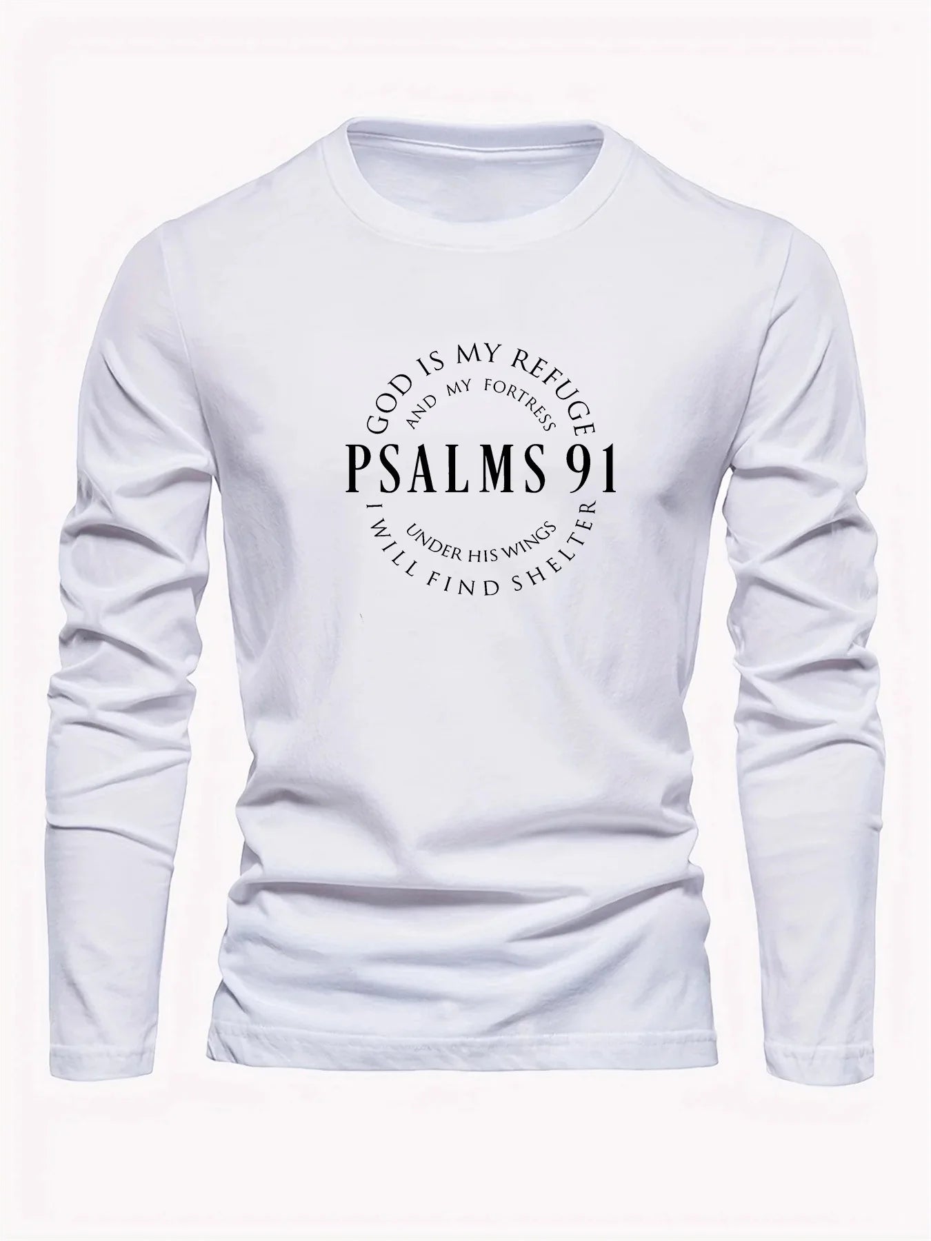 100% Pure Cotton Men's Long Sleeved Round Neck Loose Inspirational PSALMS 91 Printed Autumn and Winter Casual Versatile T-Shirt