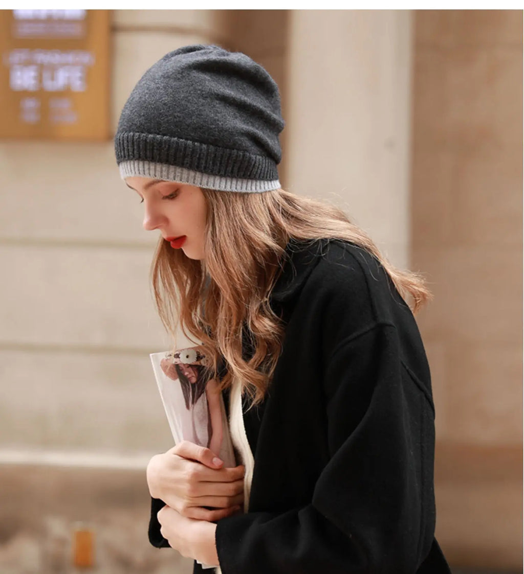 Women's 100% Wool Knitted Hat Winter Warm Windproof Fake Double Layer Korean Japanese Style Color Block Fashionable