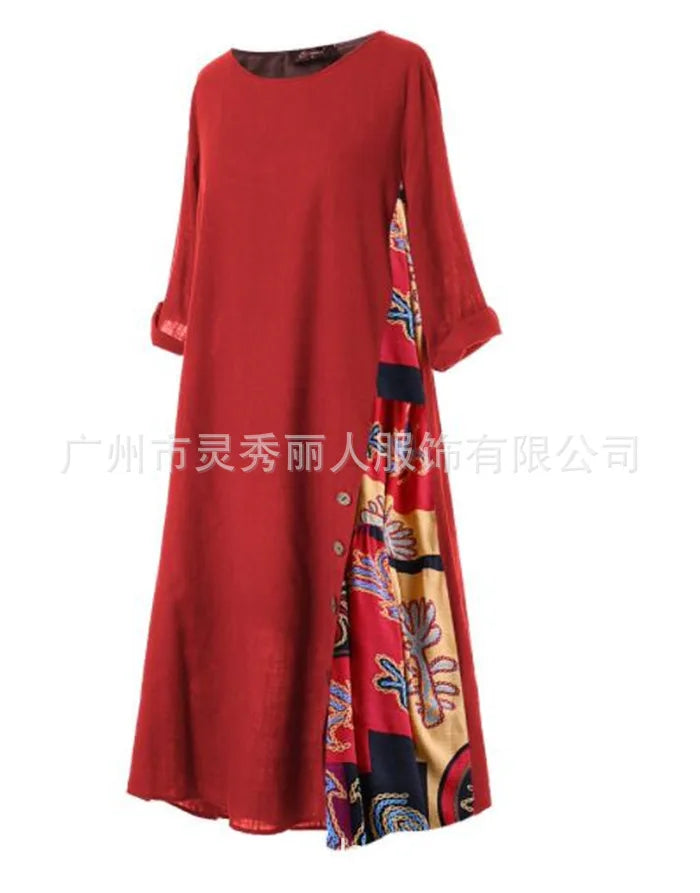 Cotton Linen Vintage Long Dresses Women Three Quarter Sleeves Splicing Print Loose A-line Dress Fashion Casual Lady Maxi Vestido