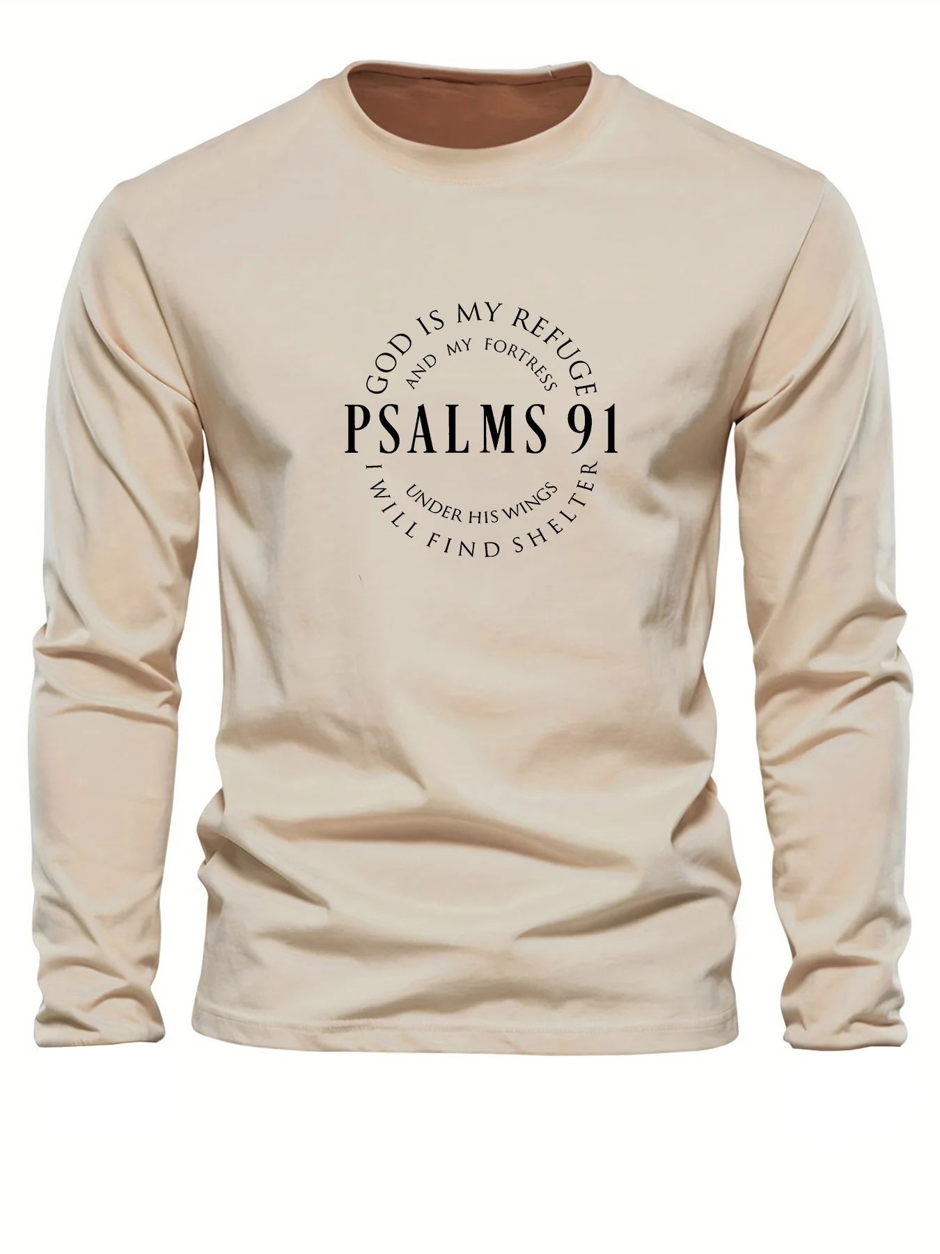100% Pure Cotton Men's Long Sleeved Round Neck Loose Inspirational PSALMS 91 Printed Autumn and Winter Casual Versatile T-Shirt
