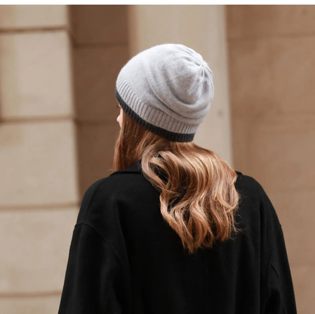 Women's 100% Wool Knitted Hat Winter Warm Windproof Fake Double Layer Korean Japanese Style Color Block Fashionable