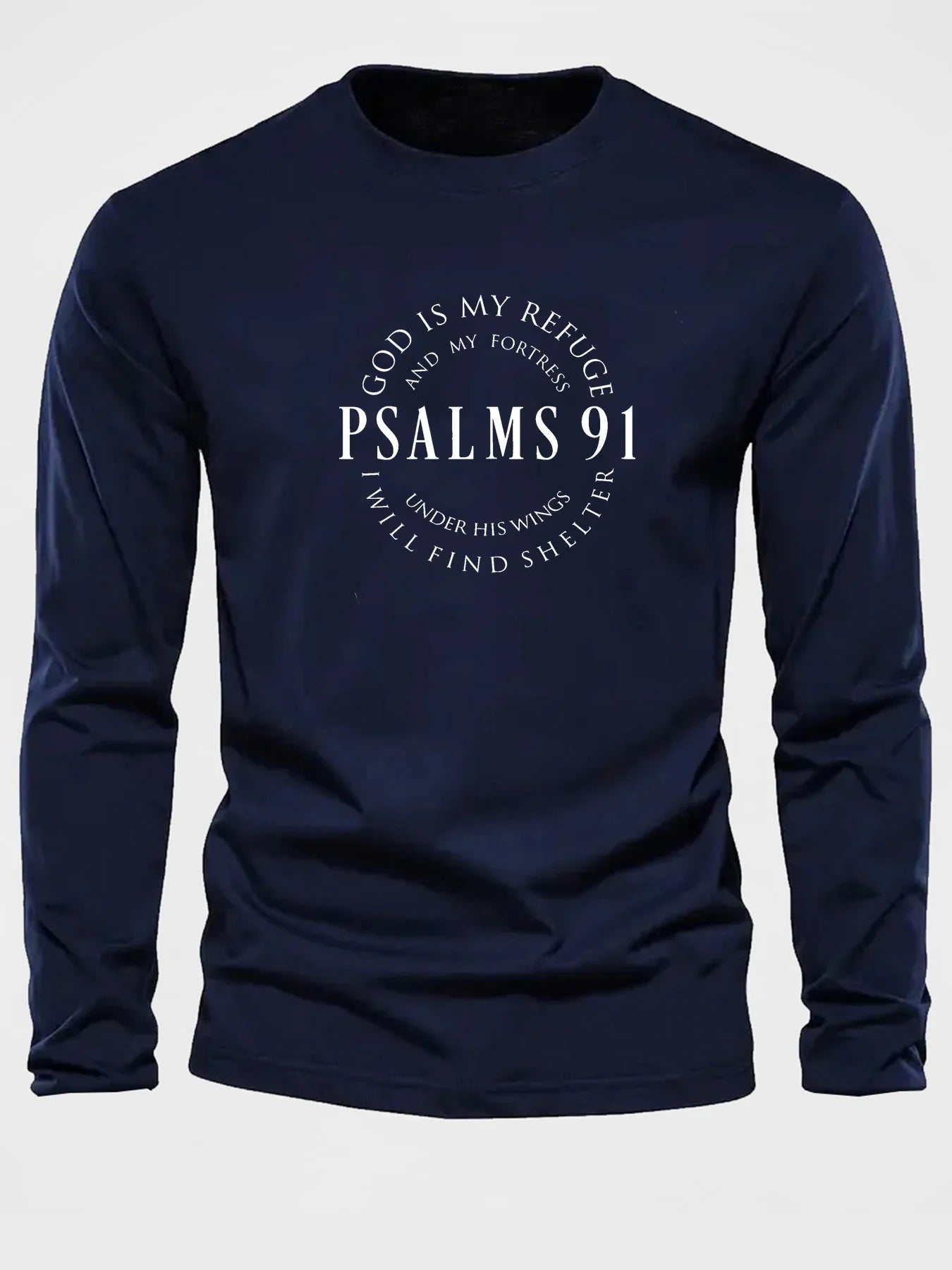 100% Pure Cotton Men's Long Sleeved Round Neck Loose Inspirational PSALMS 91 Printed Autumn and Winter Casual Versatile T-Shirt