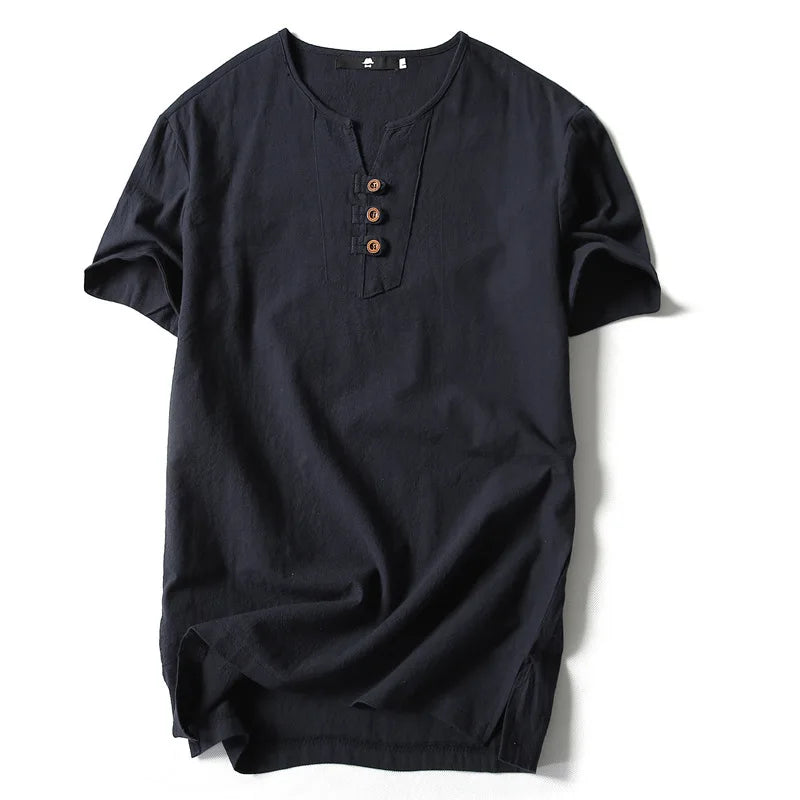 Linen Short Sleeved T-shirt for Men's Summer Vintage Cotton Linen Half Sleeved Fashionable Male Thin Linen Short Sleeved T-shirt