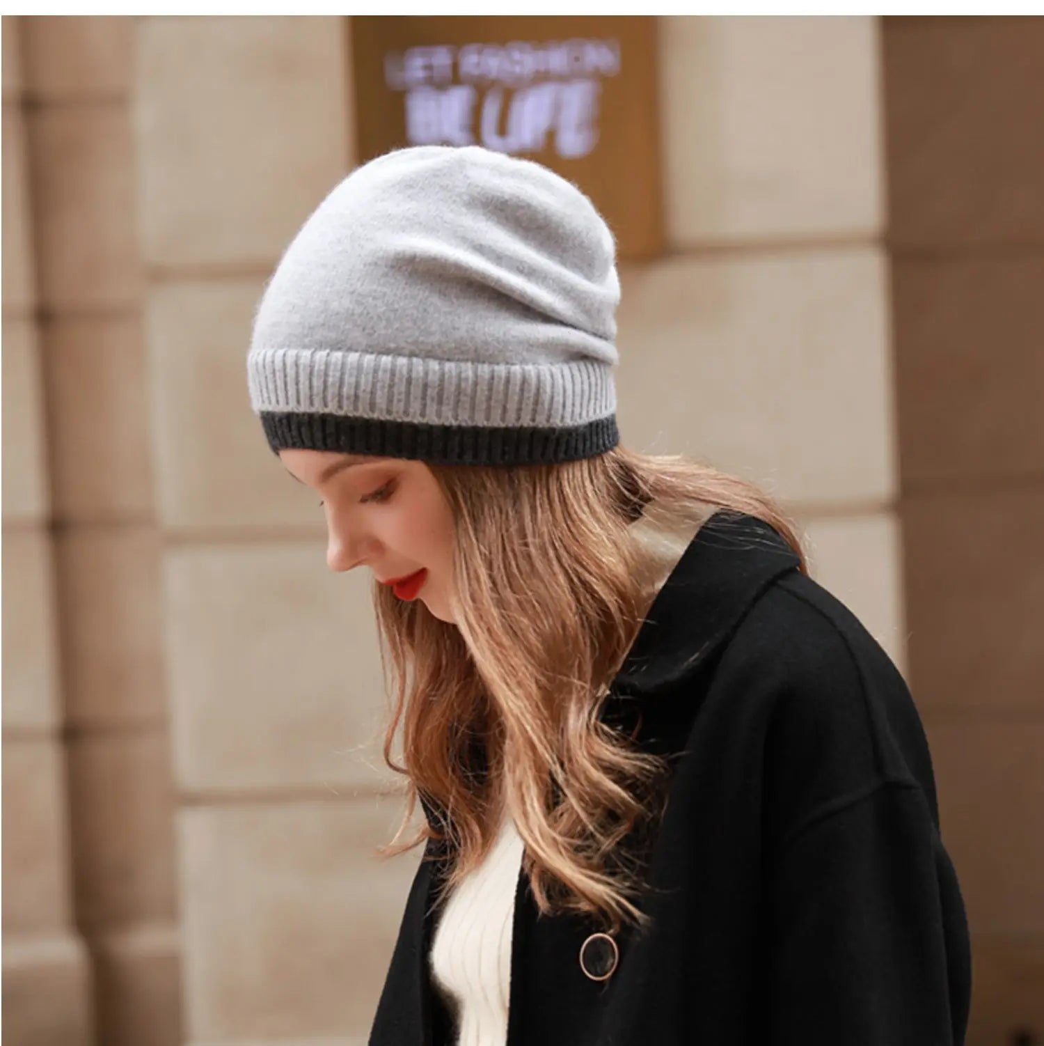 Women's 100% Wool Knitted Hat Winter Warm Windproof Fake Double Layer Korean Japanese Style Color Block Fashionable