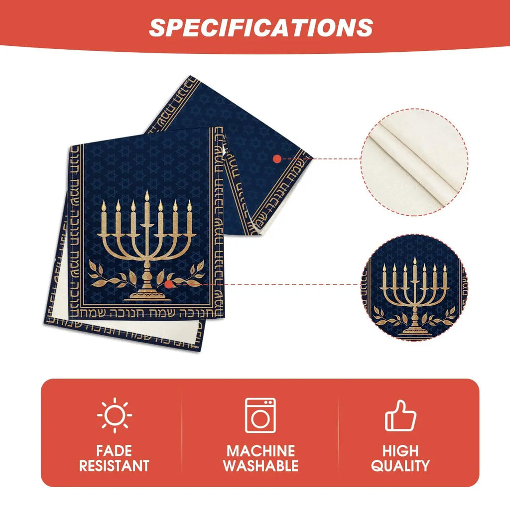 Candle Menorah Hanukkah Table Runner,  Holiday Kitchen Dining Table Decoration for Home Party Decor