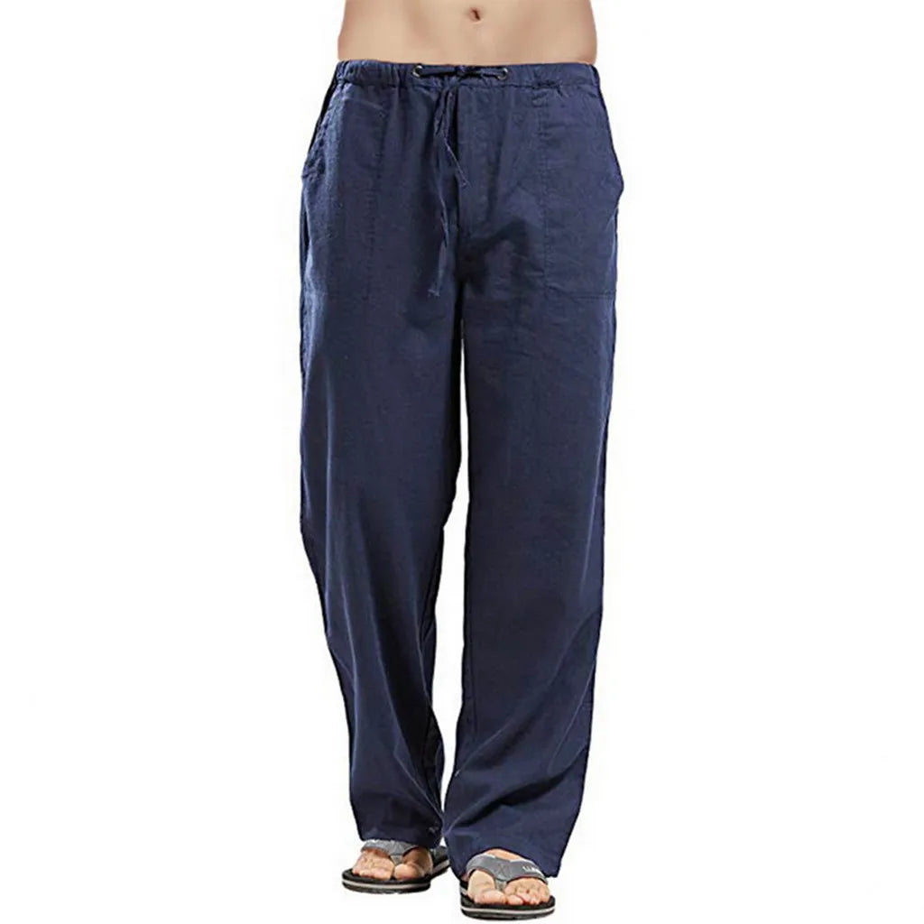 2025 New Men's Linen Pants Sweatwear Solid Color Breathable Trousers Cotton Fitness Lightweight Casual Summer Men Beach Pants